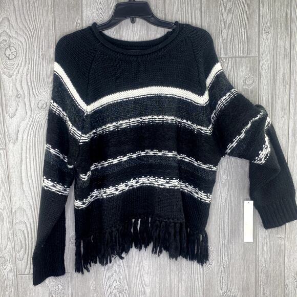 New $78 AQUA Women's Sweater MEDIUM Stripes Fringe Black & White Boho Knit NWT - Picture 2 of 9
